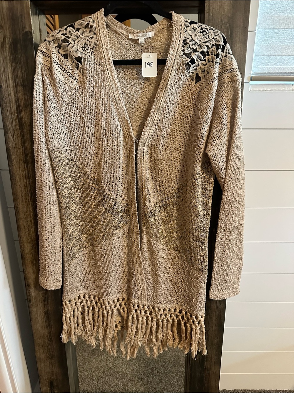 Miss Me Women’s Large Beige Crochet Lace Open Front Fringe Cardigan Gritty Boho